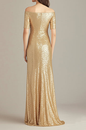 Gold Off The Shoulder Sheath Formal Dress With Sequins
